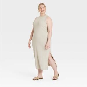 Universal Thread Rib Knit Maxi Bodycon Dress Tan‎ Sleeveless Highneck 4X NEW